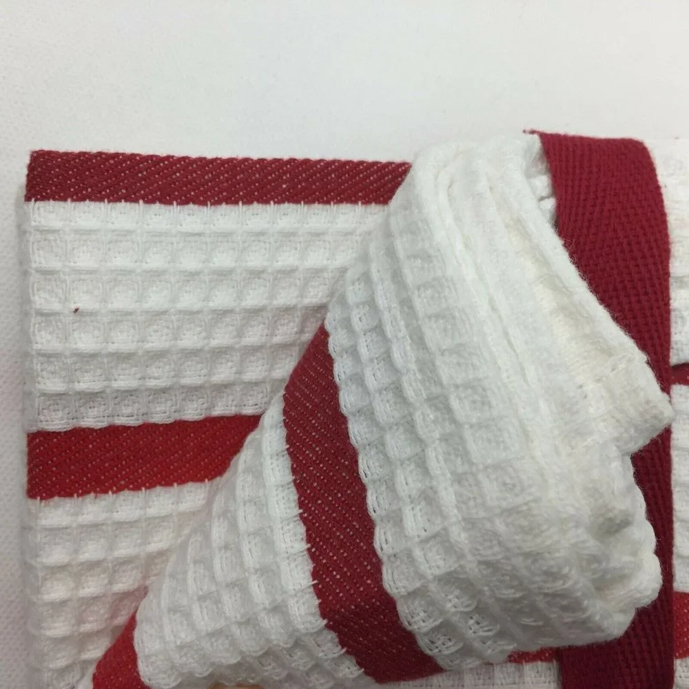 Red White Waffle Weave Dish Kitchen Stripe Towels Set 3